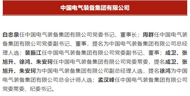 中國(guó)電氣裝備集團(tuán)有限公司高管名單出爐！國(guó)資委正式任命！