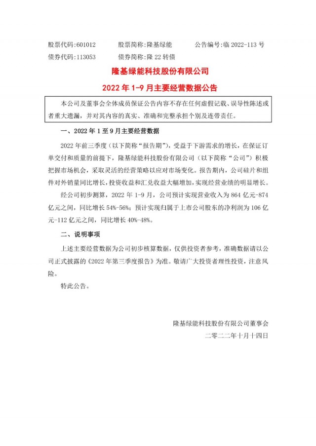 隆基綠能：營收或超864億，預(yù)計前三季凈利或在106億元-112億元之間
